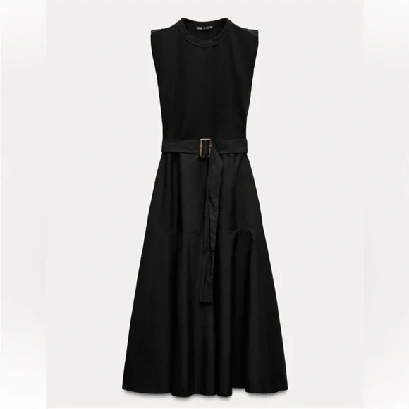 Zara NWT Chic Black Midi Dress with Belt Detail - Picture 6 of 13